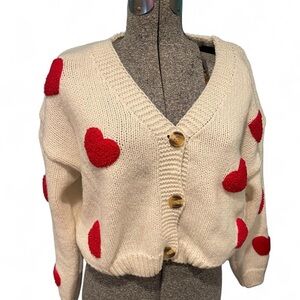 Cozy Cream Cardigan with Red Heart Accents